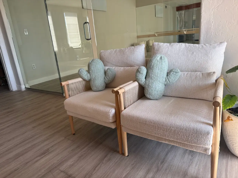The Stillpoint Wellness lobby with cactus pillows and natural light